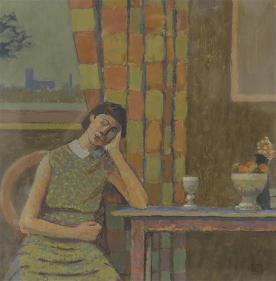 Nicholas Simington Woman seated at a table 29 x 29cm